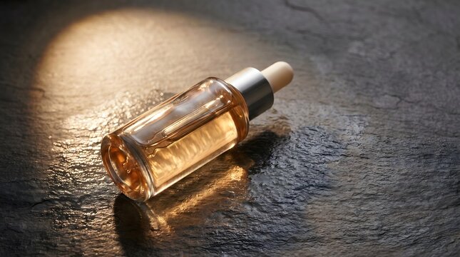 Golden Serum Dropper: A glass dropper bottle filled with golden serum rests on a dark, textured surface, illuminated by a dramatic spotlight that highlights its luxurious essence.
