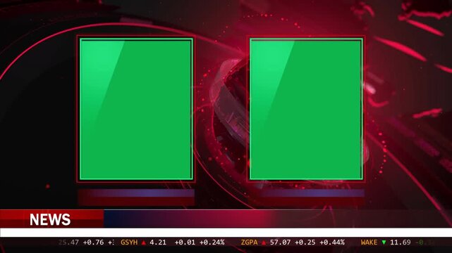 News Background HD animation with two Green Screens for footage. Breaking News Template for TV broadcast, Scrolling live stock market news with lower third