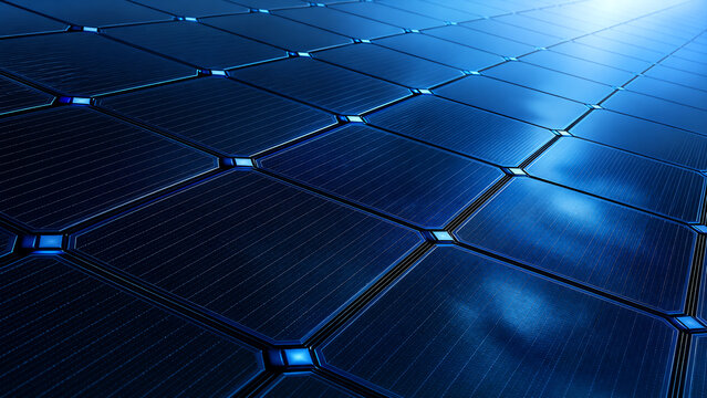 Futuristic solar panels absorbing sunlight, showcasing renewable energy innovation and sustainability for a greener future.