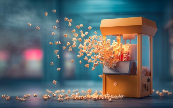 Vintage popcorn machine with freshly popped corn bursting out on a colorful background