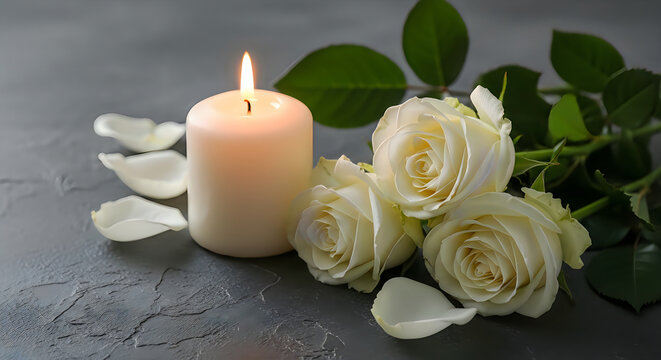 Aromatic white roses with a lit candle and soft petals on dark gray stone table surface concept romantic background wellness