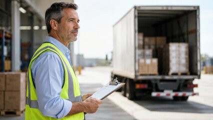 Fototapeta premium Efficient warehouse operations require skilled leader who ensures smooth logistics and timely deliveries while overseeing loading process