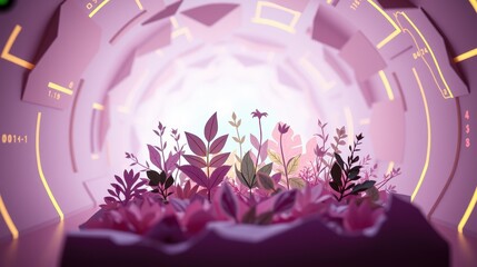 Obraz premium Futuristic tunnel contains vibrant plants. Pink hues dominate scene, creating surreal atmosphere. Geometric shapes frame floral display.