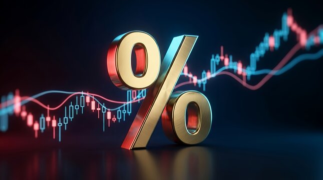 Golden percentage symbol on stock market background, interest rate financial growth concept, 3D percent sign with trading candlestick charts
