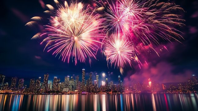 Fireworks exploding over city skyline at night