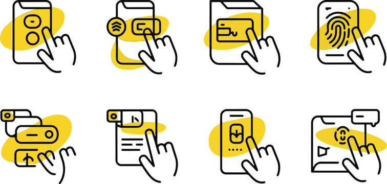 Mobile user interface line icons set with touch screen hand gesture, biometric fingerprint, digital wallet and secure online login