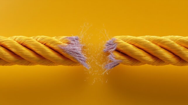 Frayed yellow rope with torn fibers on bright yellow background