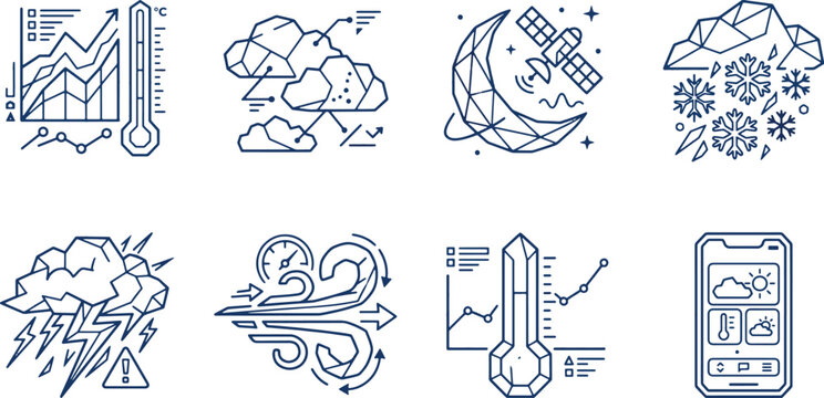 Weather forecast line icons set with temperature data, storm, wind, snowflake, satellite and mobile application UI