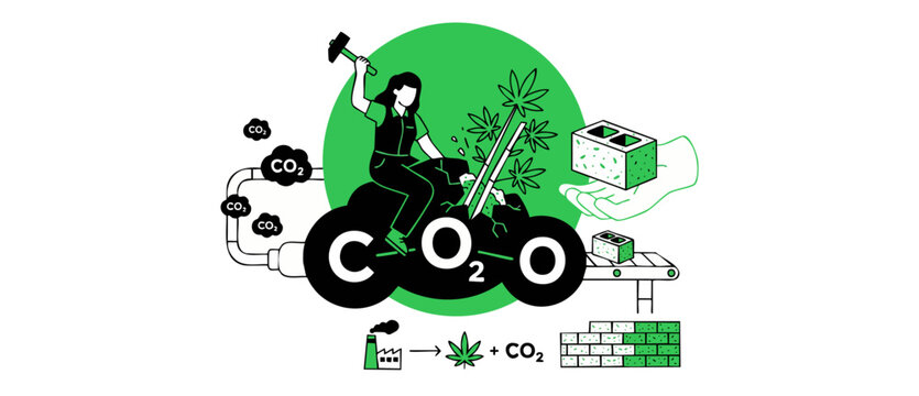 Hempcrete carbon sequestration eco brick construction icon showing worker trapping CO2 emissions with sustainable bio-composite hemp concrete blocks for green building and climate solution concept.