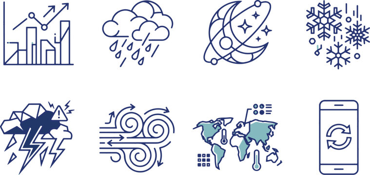 Global weather forecast line icons set with world map, climate data chart, storm, heavy rain, wind and mobile updates