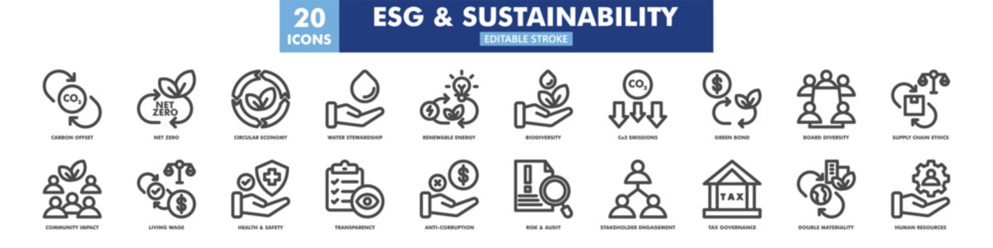 esg and sustainability icon set in line style, icon set containing carbon offset, net zero, circular economy, water stewardship, renewable energy, biodiversity. editable stroke. vector illustration.
