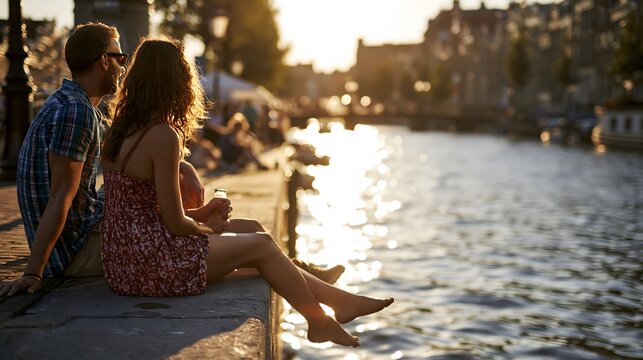 Paar genie&szlig;t Sommerabend am Flussufer in romantischer Stadtatmosph&auml;re