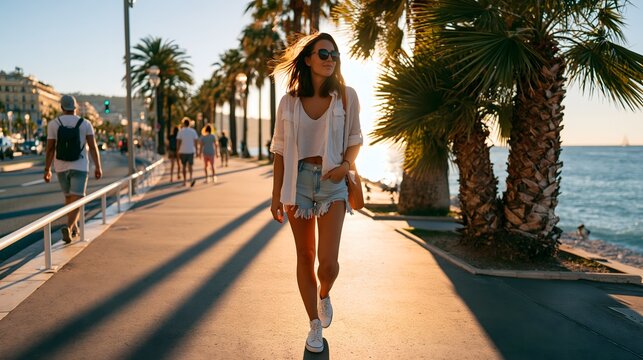 Elegante Frau l&auml;uft entspannt entlang mediterraner K&uuml;stenpromenade