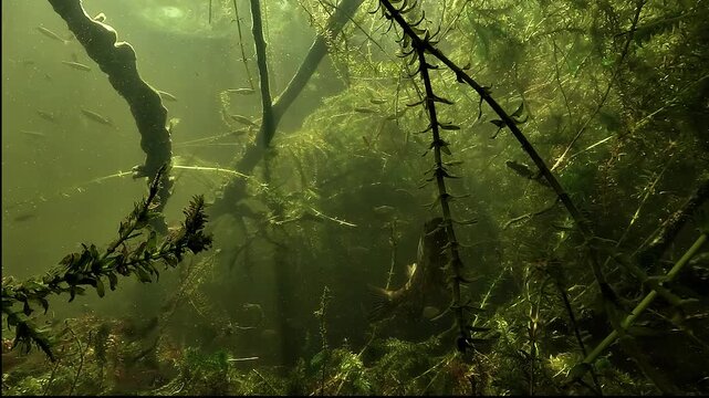 Northern pike - Esox lucius - holds position in a glowing underwater forest atmosphere, with roach - Rutilus rutilus - schooling around it.