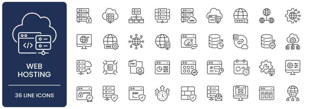 Web hosting icon set. Collection of server infrastructure, cloud computing, database management and network security line icon vector illustration with editable stroke.