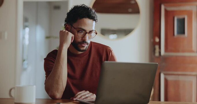 Creative, online and man with laptop, home and research for article, remote work and email marketing. Copywriting, freelancer and person with tech for ad campaign on web, typing or blog post in house