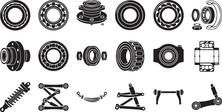 Wheel Bearing and Car Suspension Icon Set Automotive Chassis Component Silhouettes