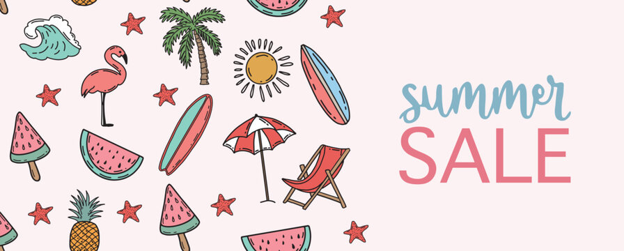 Summer sale,  doodle pattern with beach items and sunny elements on white background