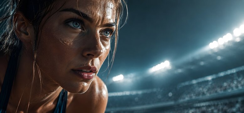 Intense close up portrait of determined female athlete sweating under stadium lights, sports motivation banner with copy space