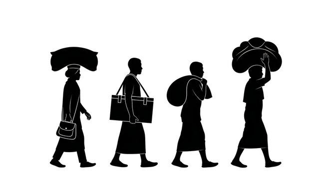 Silhouettes of people carrying luggage and bags isolated on white background