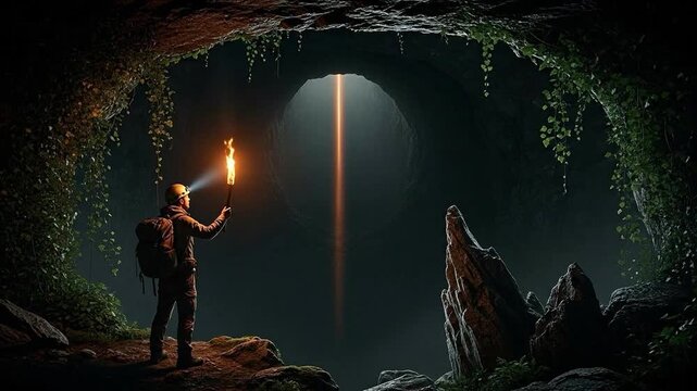 Lone male explorer with backpack and torch discovering mysterious glowing light in dark cavern, adventure concept representing discovery, curiosity, and unknown journey