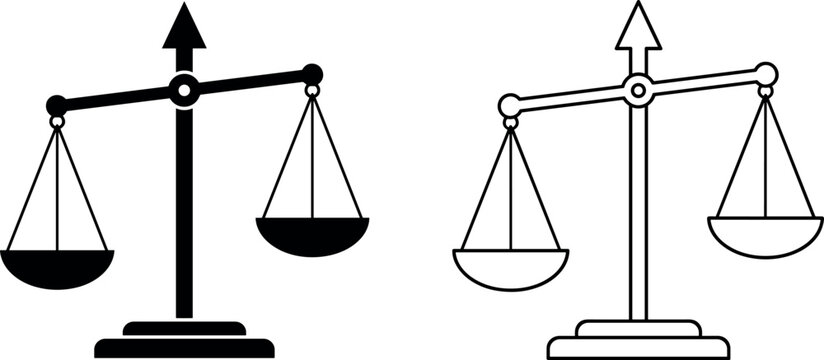 Scales of justice vector icon set featuring a solid silhouette and linear outline style for law legal defense equality judicial system and court concepts
