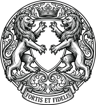 Detailed heraldic emblem featuring two lions, ornate crown, and Latin motto &ldquo;Fortis et Fidelis&rdquo; symbolizing strength, loyalty, and noble family heritage design