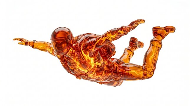 Amber glass skydiver figurine in freefall pose, translucent orange resin paratrooper sculpture, miniature liquid effect diver on white background