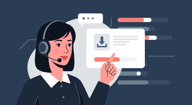 Customer service woman with headset, download icon, chat bubble, progress bars