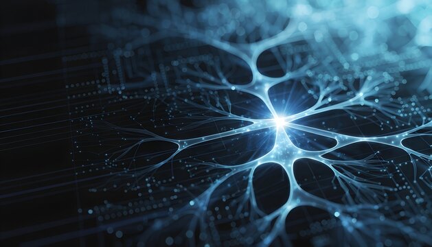 3D render of abstract artificial intelligence neural network, glowing organic synapse connection with circuit board nodes and deep learning tech background