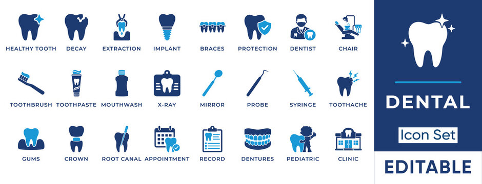 Dental and dentistry solid icon set. Includes symbols for tooth implant, braces, root canal, and dental clinic. Vector icons for healthcare projects and medical presentations.