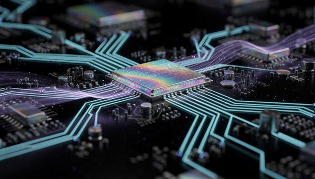 3D render of futuristic microchip processor with iridescent surface on a dark circuit board, glowing cyan pathways and digital data flow