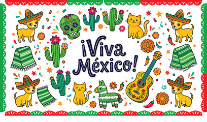 Naklejka premium Mexican Fiesta Celebration Vector Set with Cute Cats Cactus Guitar Sombrero and Traditional Decorative Cinco de Mayo Elements
