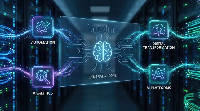 Central ai core hologram with a glowing brain connected to digital panels for automation, analytics, digital transformation, and ai platforms