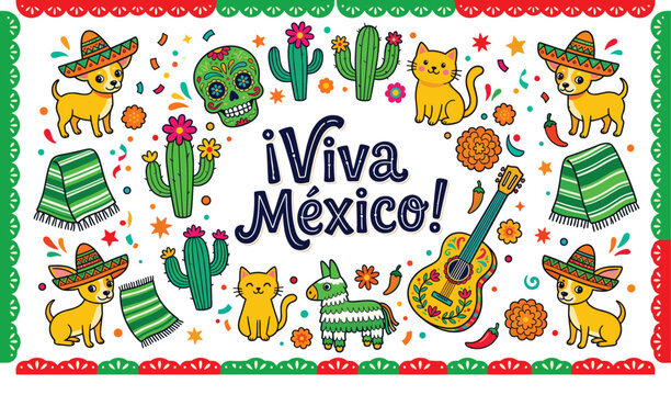 Mexican Fiesta Celebration Vector Set with Cute Cats Cactus Guitar Sombrero and Traditional Decorative Cinco de Mayo Elements