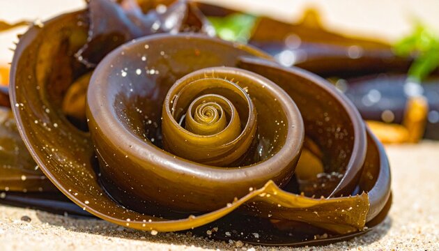 Close-up of brown seaweed, spiraling on sand, showing intricate detail and natural forms