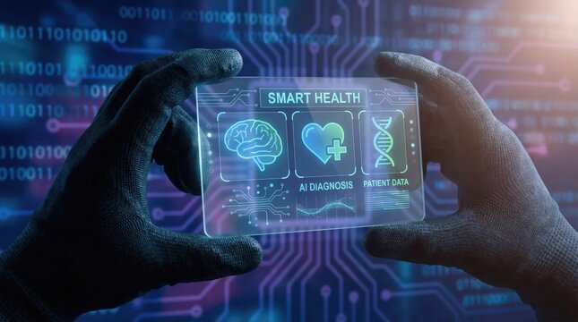 Gloved hands holding a transparent glass screen displaying smart health diagnostics with brain, heart, and dna against a binary code background