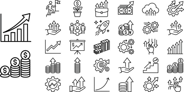 Financial growth and business success line icon set featuring upward trend bar charts stacked coins profit statistics revenue increase and investment symbols.