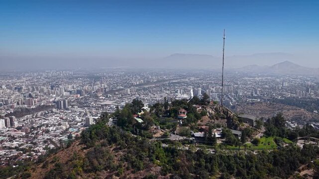 4K aerial drone footage of cerro San Cristobal peak in Santiago de Chile