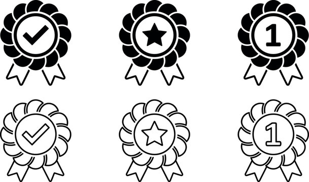 Award ribbon rosette icon set featuring first place number one star and check mark symbols in filled and outline vector styles.