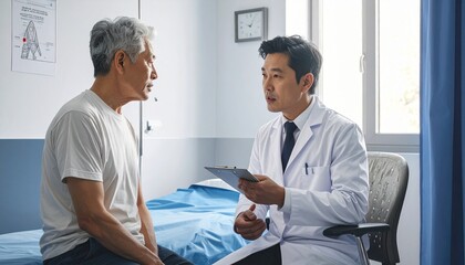 Fototapeta premium Doctor converses with patient, seated in a clinic examination room with a clipboard