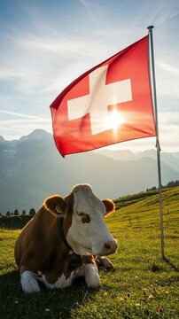 Swiss cow resting in alpine meadow with national flag at sunset, symbol of traditional agriculture, rural tourism, and idyllic mountain landscape scenery