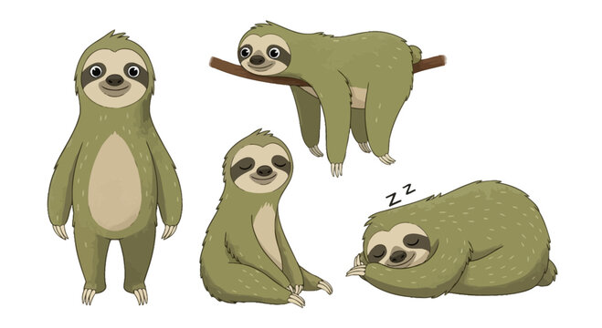 Charming collection of sloth illustrations showcasing various adorable poses, from curious standing to peaceful sleep, perfect for nature and animal-themed creative projects