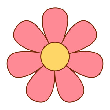 Retro groovy pink flower in 70s style with rounded petals, bold outline and soft pastel colors, flat vector icon