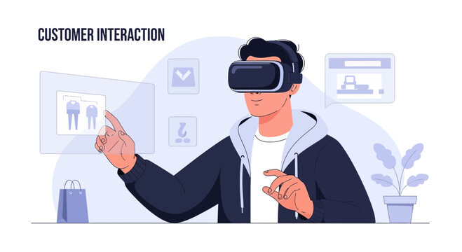 Man using VR headset interact virtual closet for online shopping