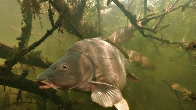 Mirror carp - Cyprinus carpio - approaches head on before rotating to show its patterned body, with scale loss marks linked to breeding season friction.