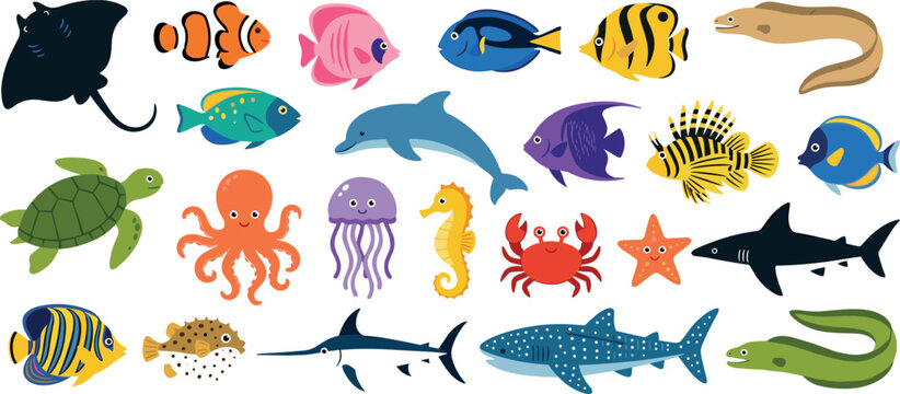 Cute ocean life vector illustration set featuring flat cartoon sea animals dolphin shark octopus turtle stingray jellyfish starfish crab and tropical reef fish