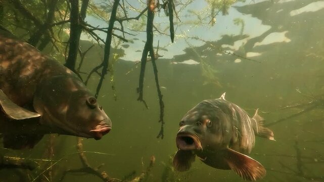 Common carp - Cyprinus carpio - swims calmly through freshwater habitat while rhythmic mouth movements give the appearance of silent communication.