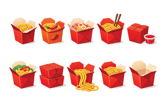 Chinese takeout food boxes vector set, red paper noodle containers with chopsticks and sauce, asian fast food delivery packaging icons
