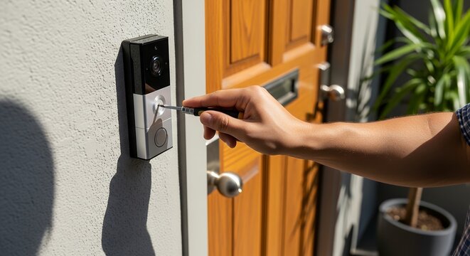 Hand installing modern smart video doorbell on wooden front door during sunny day
